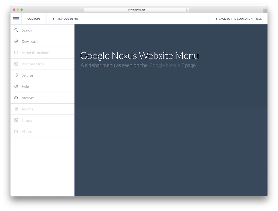 google nexus website menu