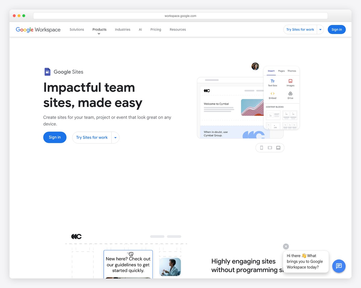 Google Sites free website builder with simple drag-and-drop interface
