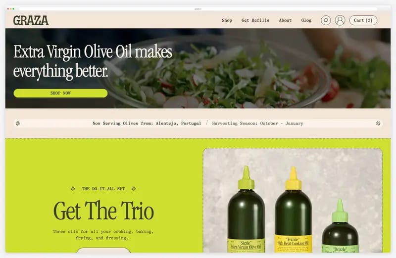 Graza website animation: hand-drawn olives and a falling drop as the page scrolls