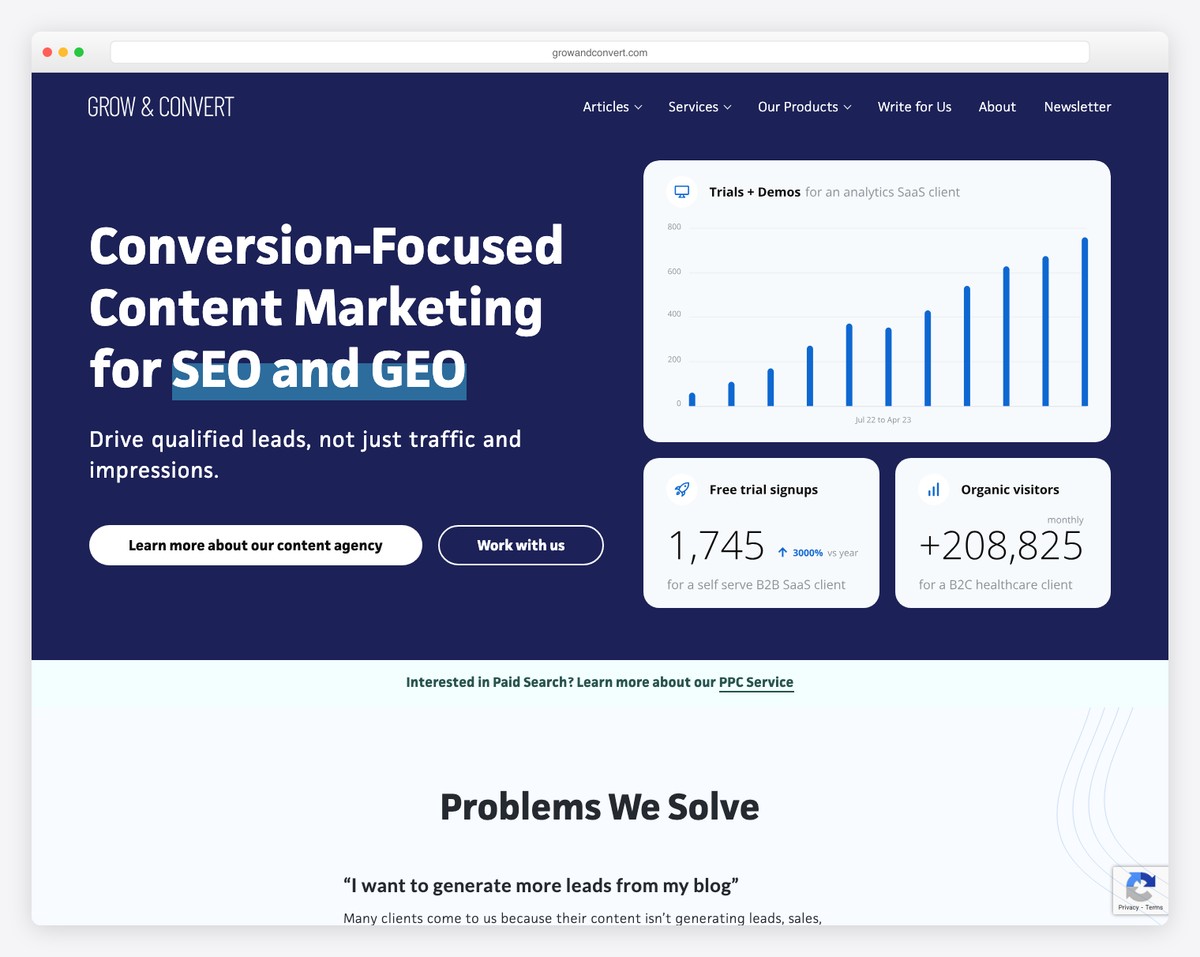 grow and convert website example