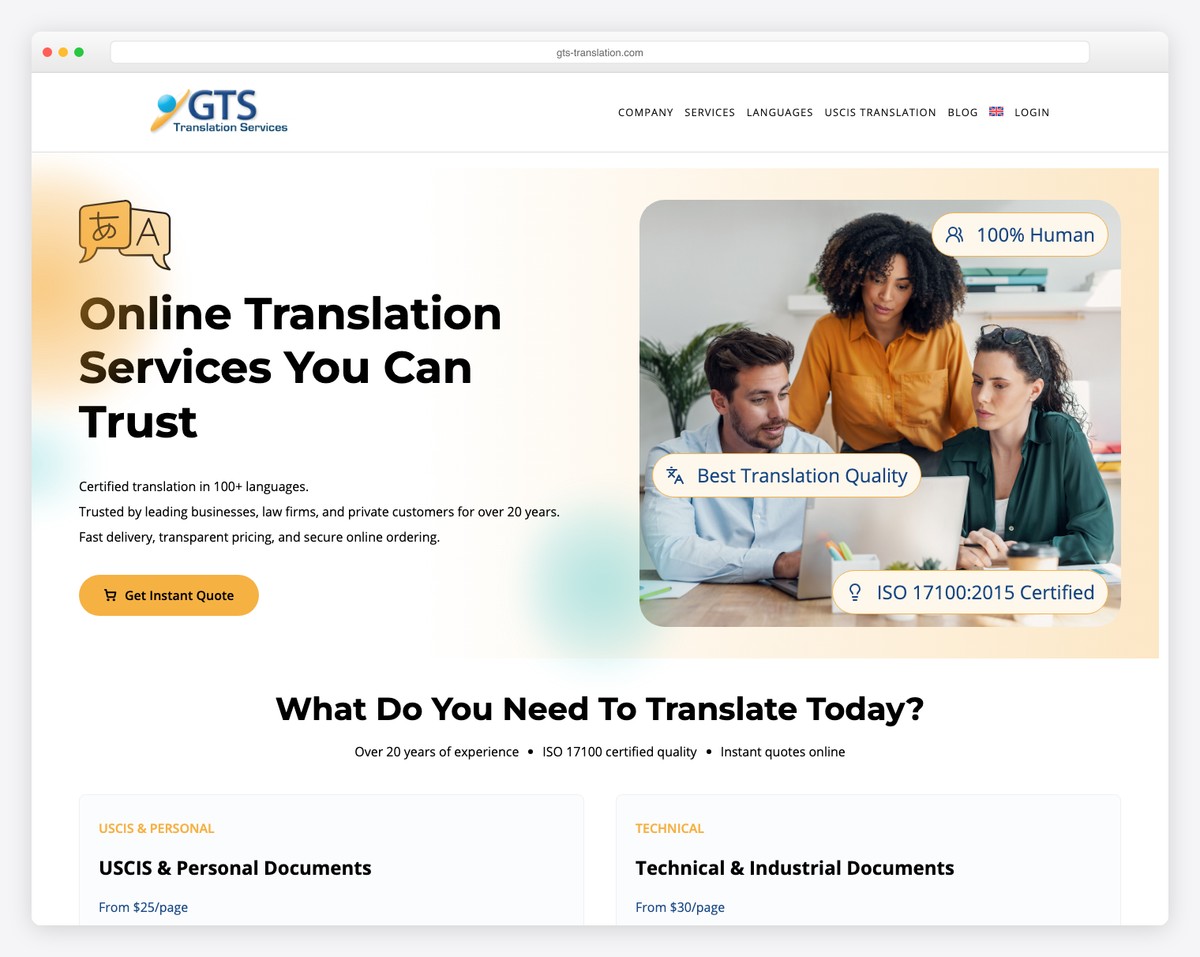 gts translation services website example