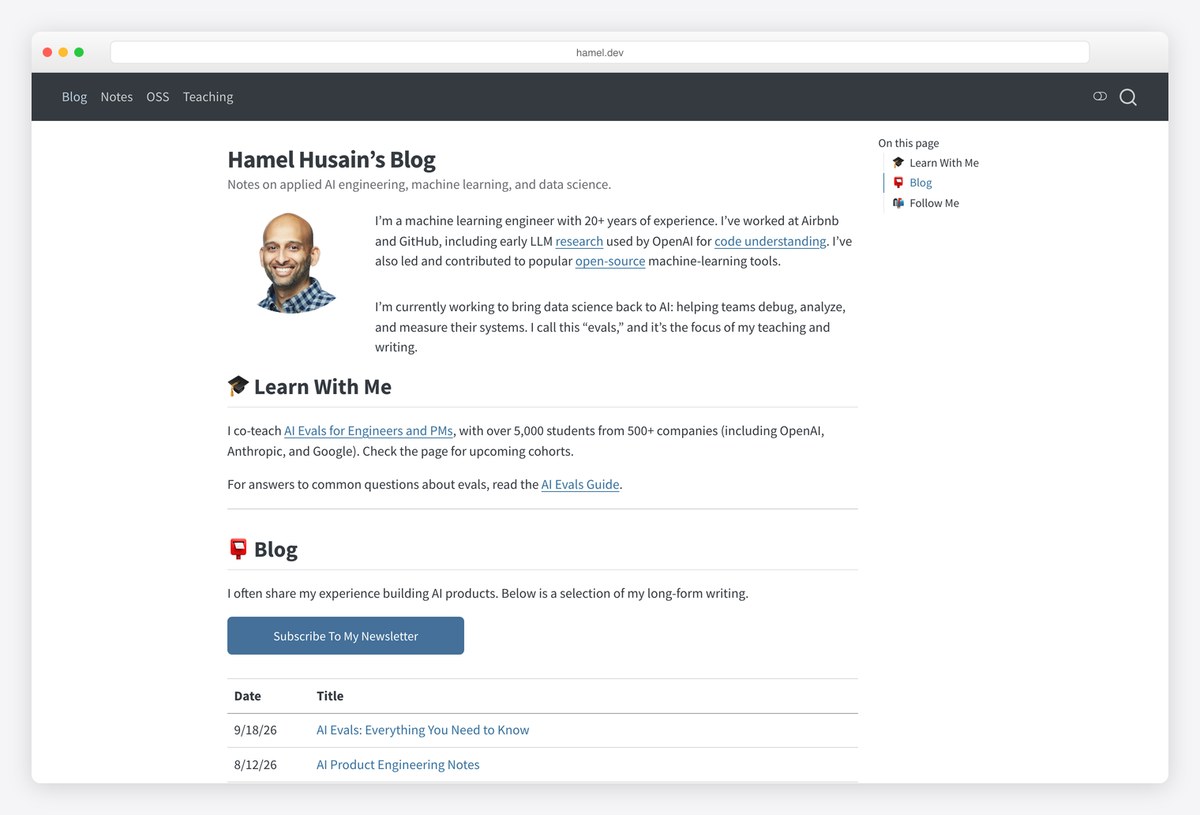 Hamel Husain machine learning engineer portfolio website