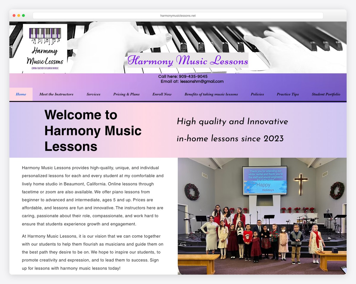 harmony music lessons website example