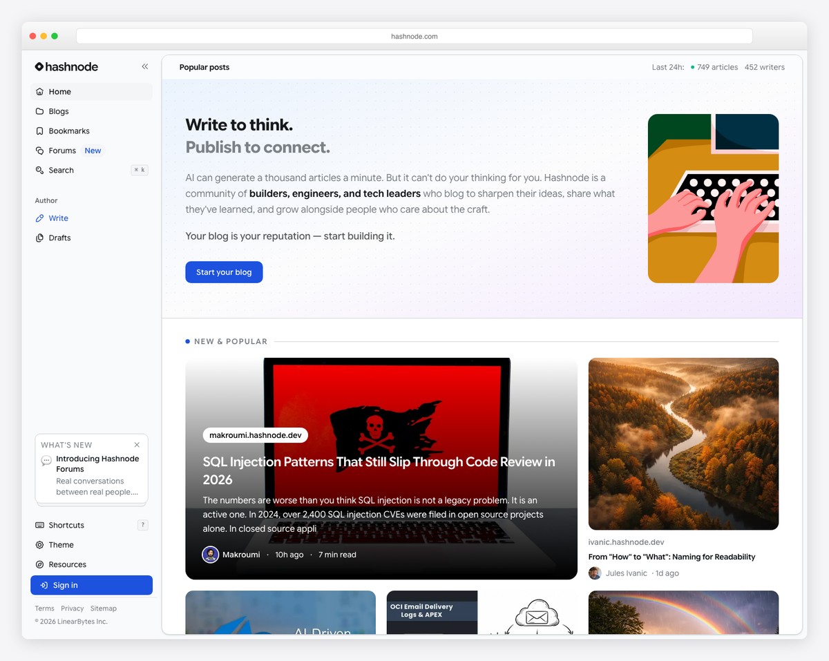 Hashnode developer blogging platform with custom domain and code syntax highlighting