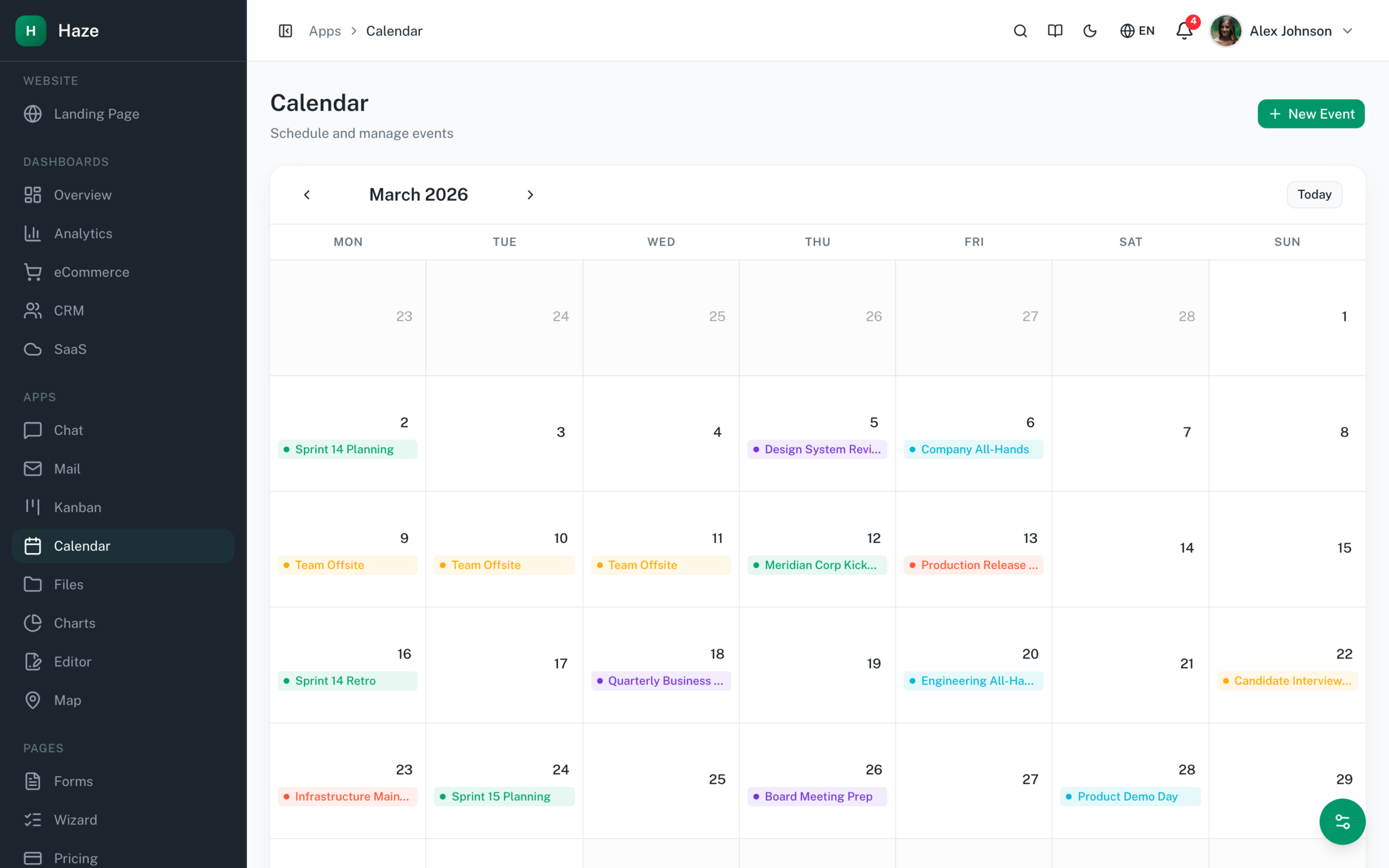 Haze Dashboard calendar with month view, event scheduling, and Tailwind v4 OKLCh utility styling on Next.js 16