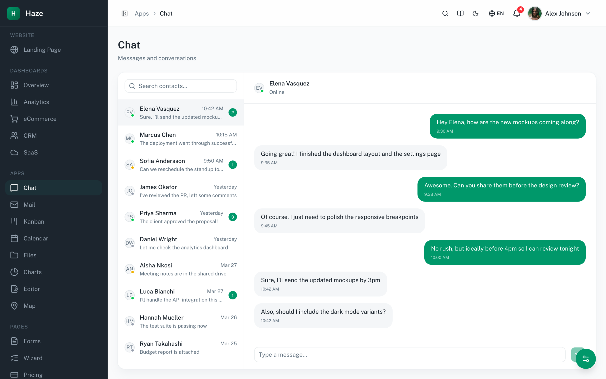 Haze Dashboard chat application with conversation list, message thread, and contact panel on Next.js 16 + shadcn/ui