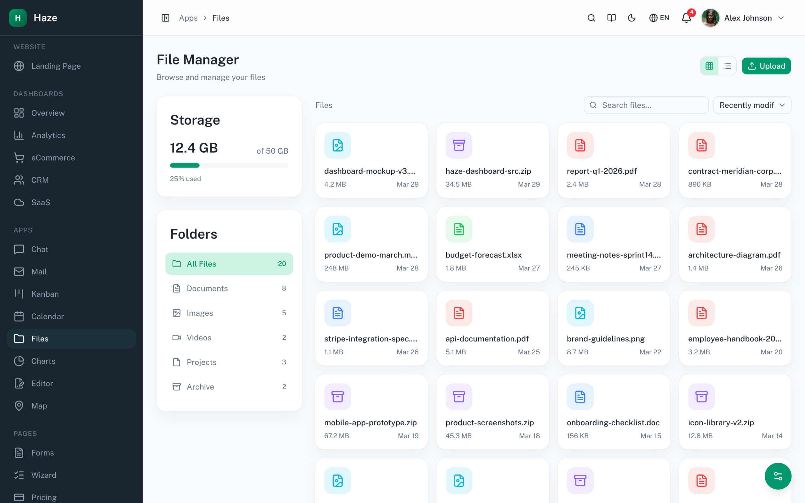 Haze Dashboard file manager with folder grid, storage usage, and Tailwind v4 utility-driven layout on Next.js 16