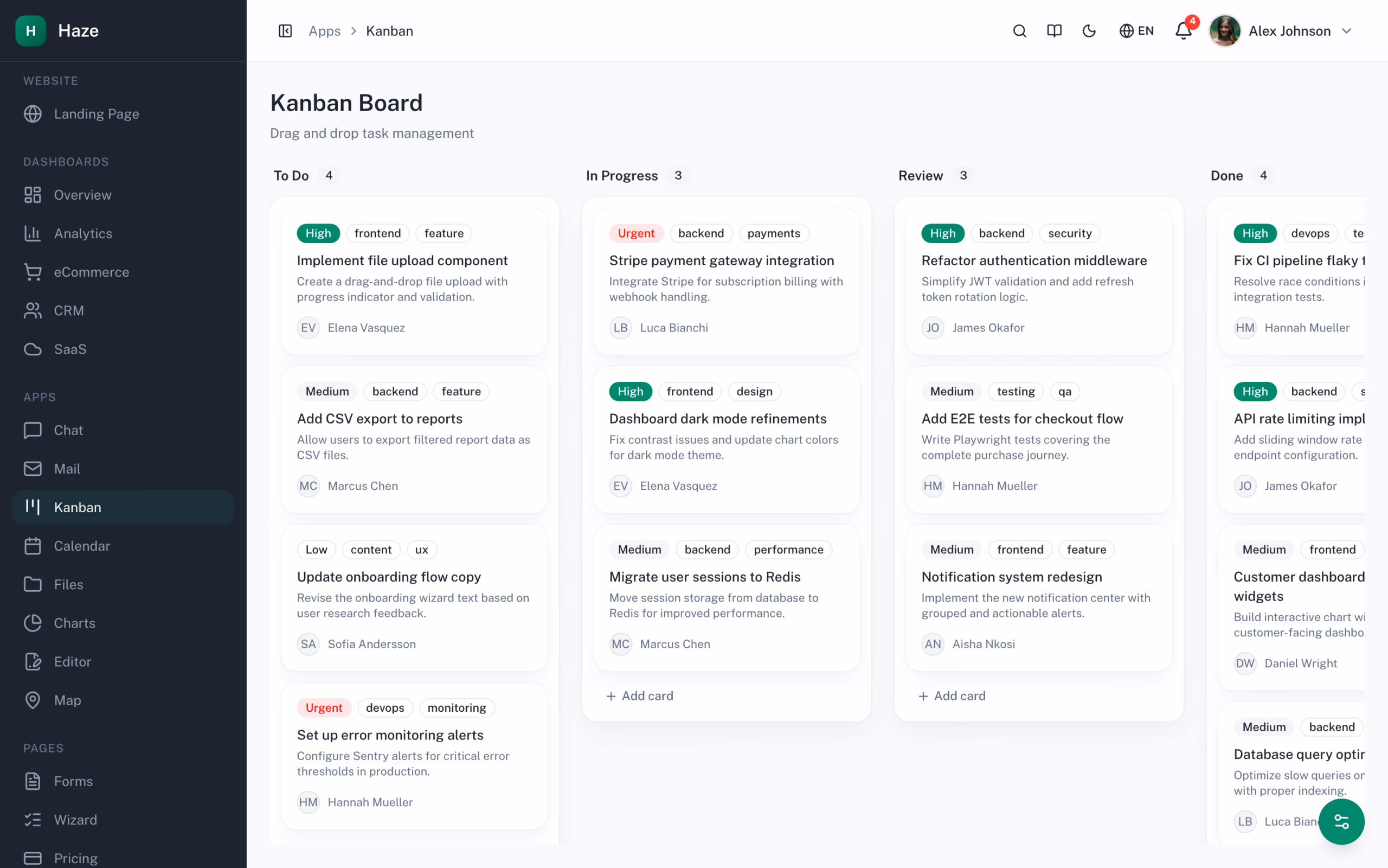 Haze Dashboard kanban board with drag-and-drop columns built on @dnd-kit + shadcn/ui + Tailwind v4