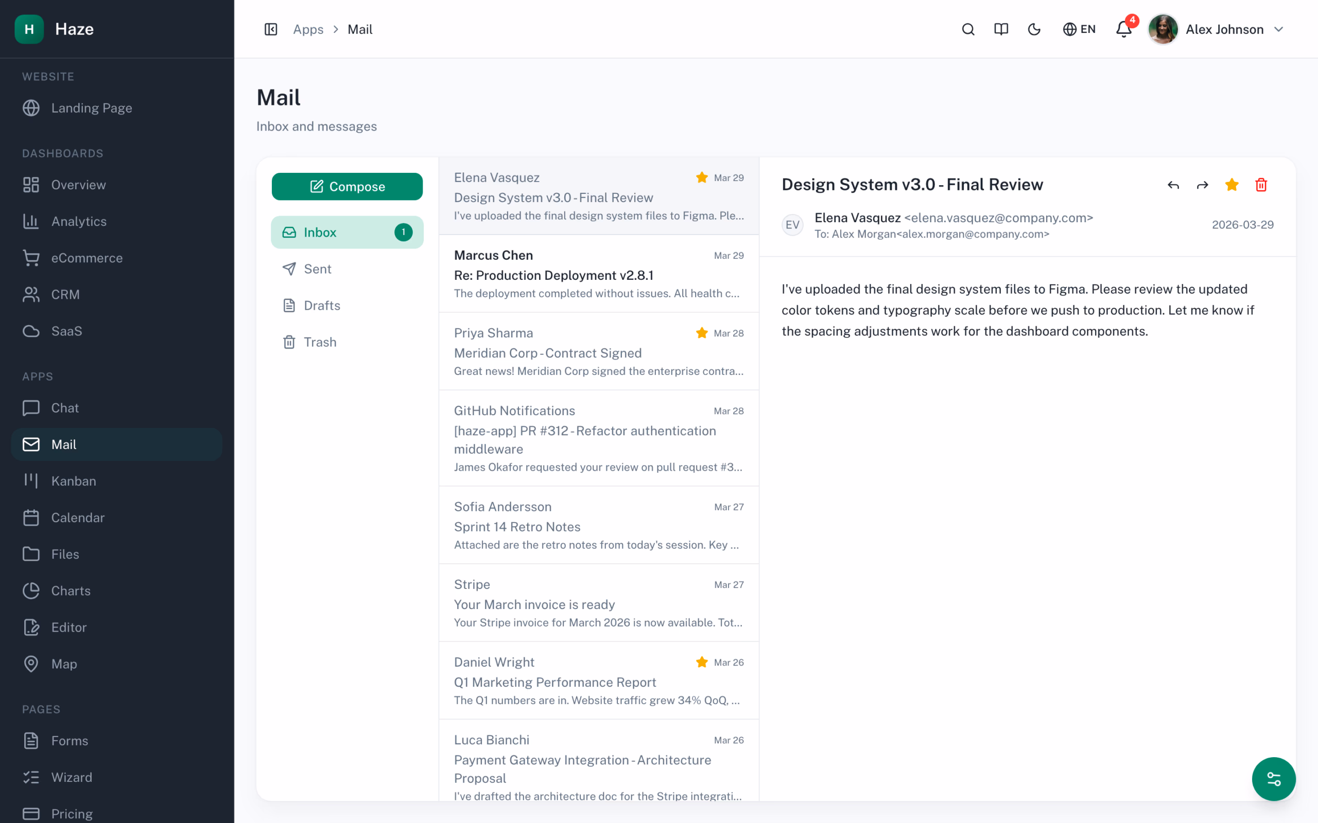 Haze Dashboard mail inbox with conversation list, message viewer, and folder navigation on Next.js 16 + shadcn/ui