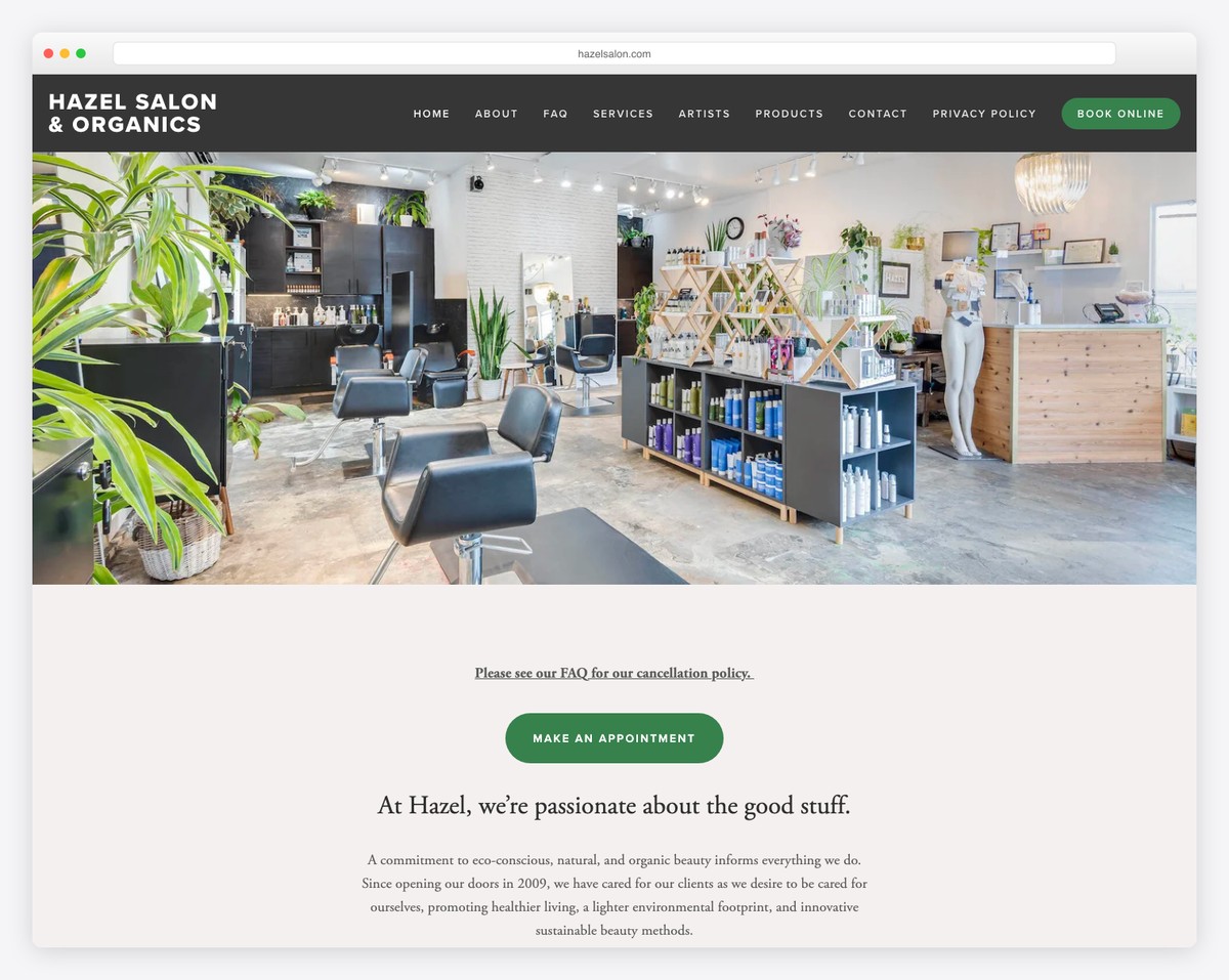 hazel salon & spa website example
