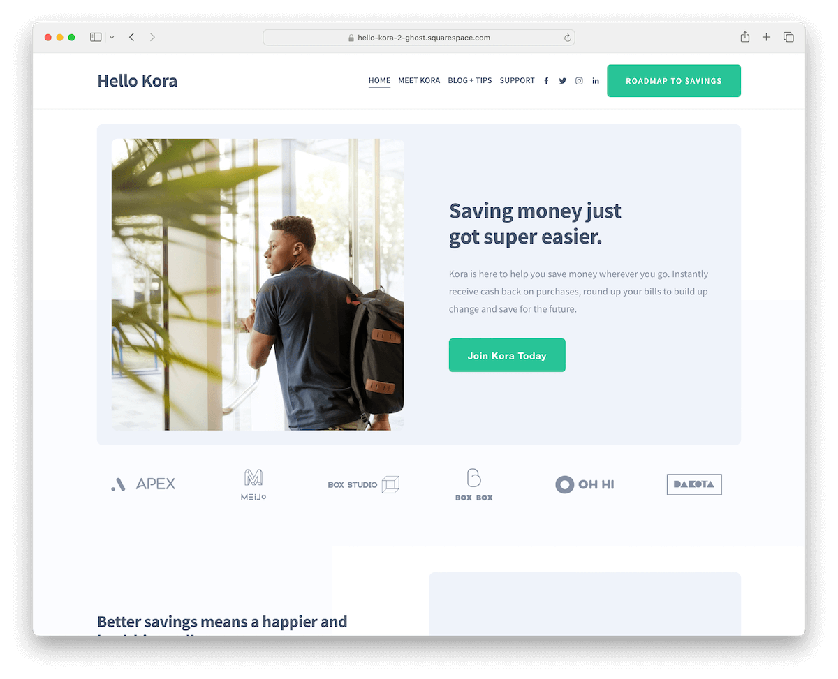 hello kora squarespace finance template
