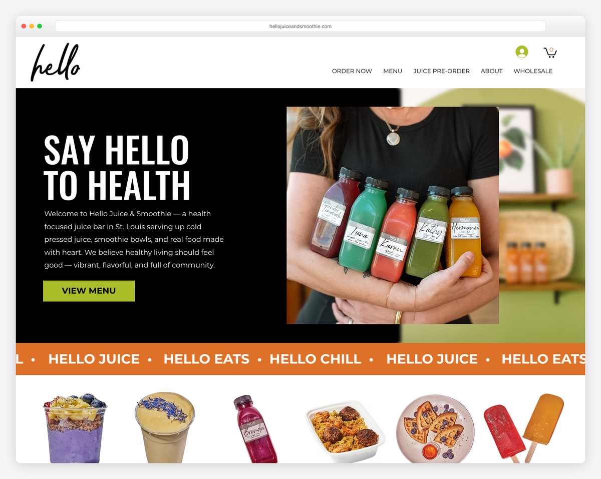 hello juice and smoothie website example