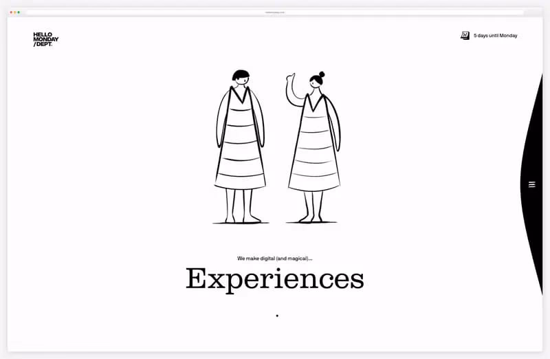 Hello Monday website animation: two drawn characters changing outfit as the word cycles