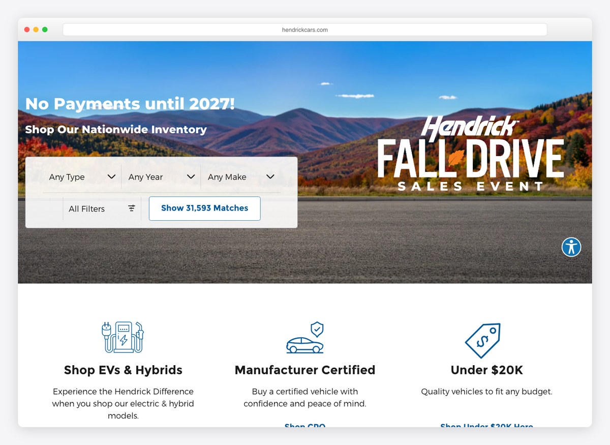 Hendrick Automotive car dealer website homepage