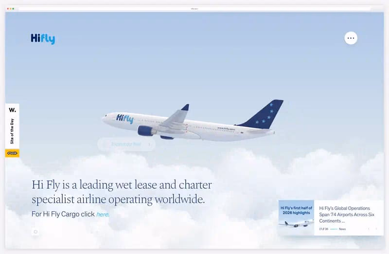 Hi Fly: an aircraft flying out of the clouds on the home page