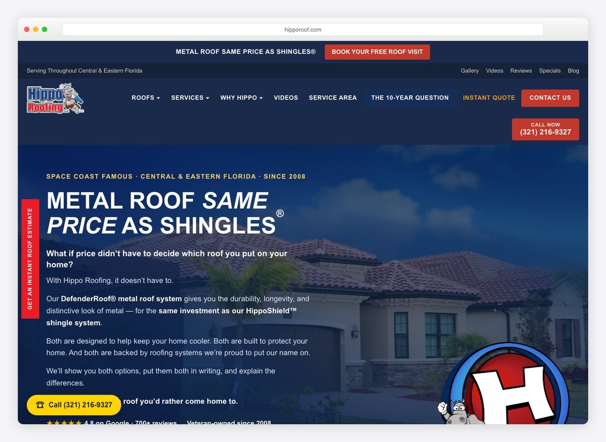 Hippo Roofing roofing company website homepage