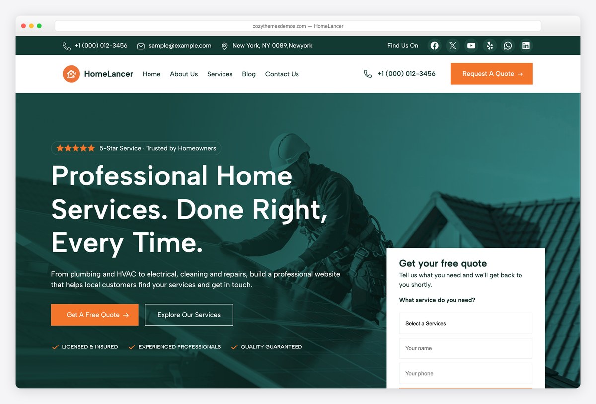 HomeLancer free home services WordPress theme with a quote form in the hero