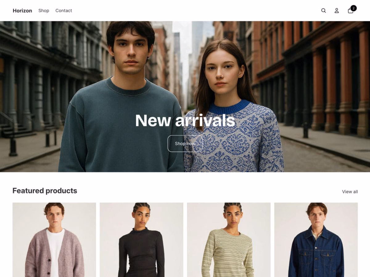 Horizon free Shopify theme homepage showing knitwear new arrivals