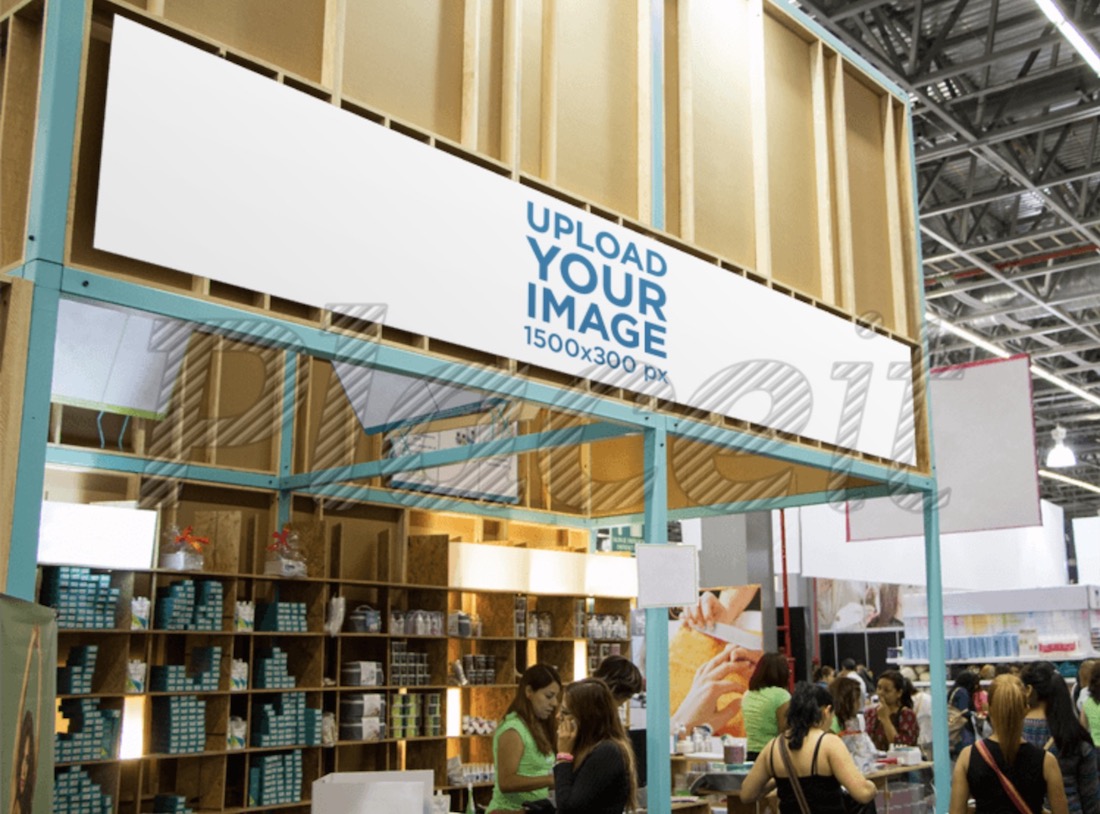 horizontal banner mockup at an exhibition stand