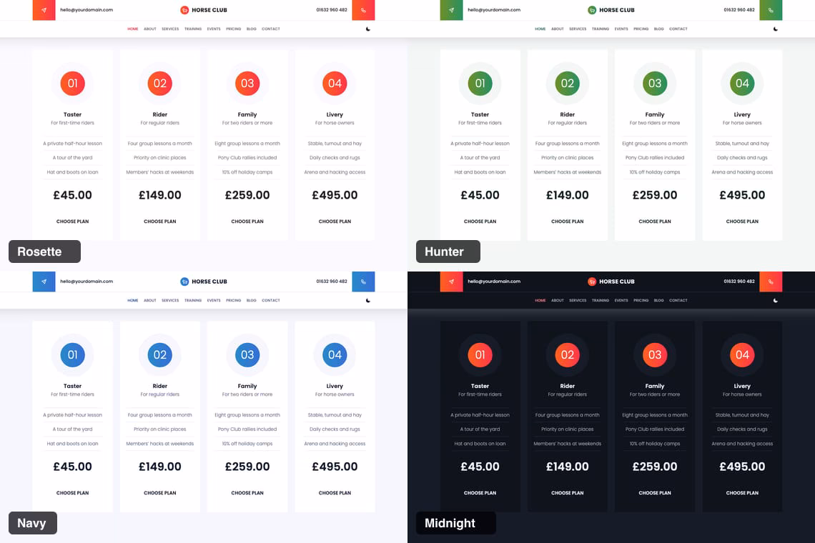 The Horseclub pricing plans in four colour palettes: Rosette, Hunter, Navy and the dark Midnight