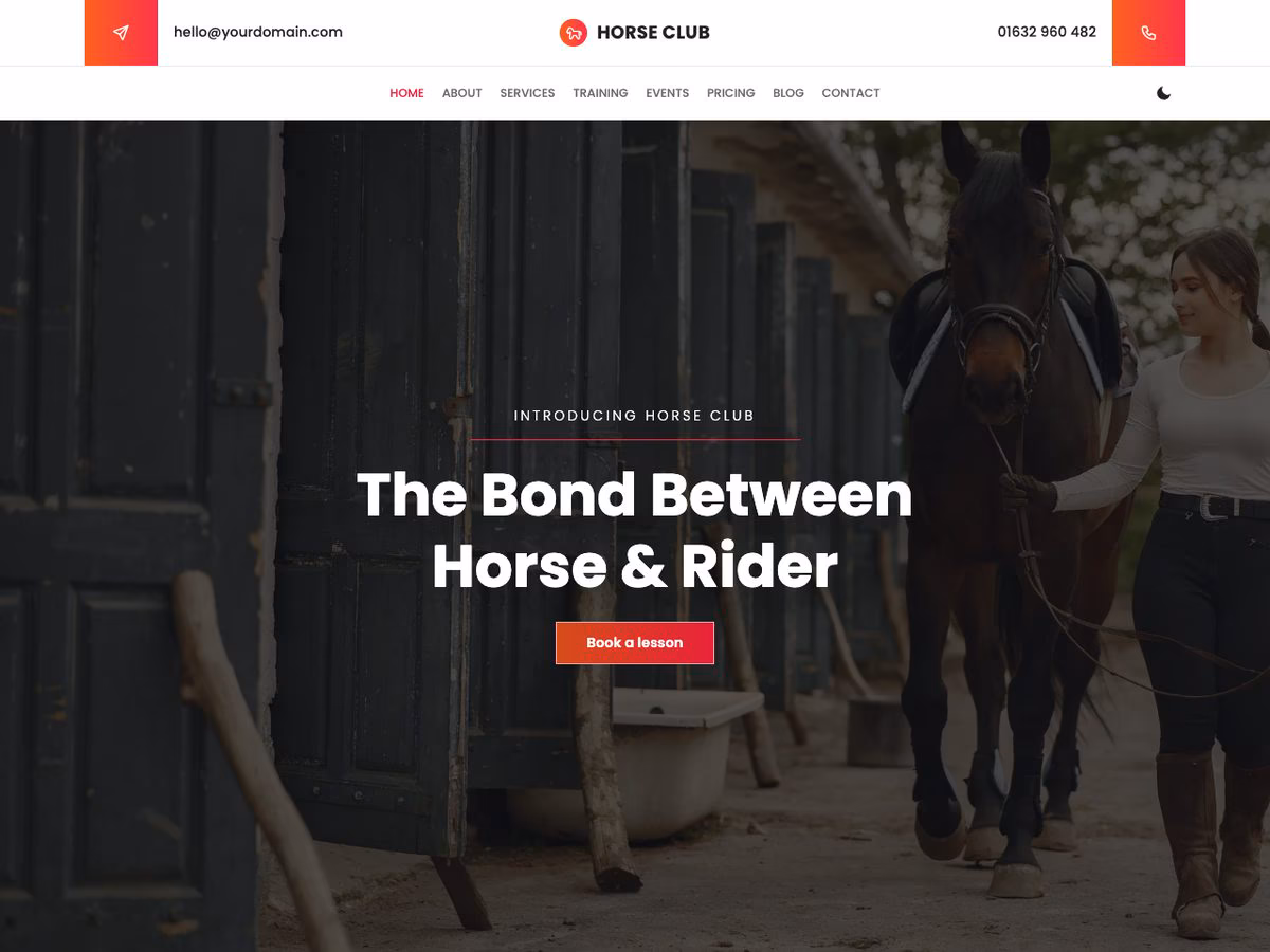 Horseclub WordPress theme home page: the headline The Bond Between Horse & Rider over a photograph of a rider leading her dark bay horse past the stable doors