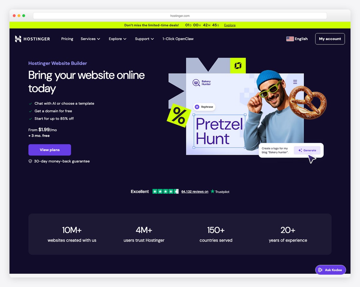 Hostinger website builder with AI-generated education website and drag-and-drop editor