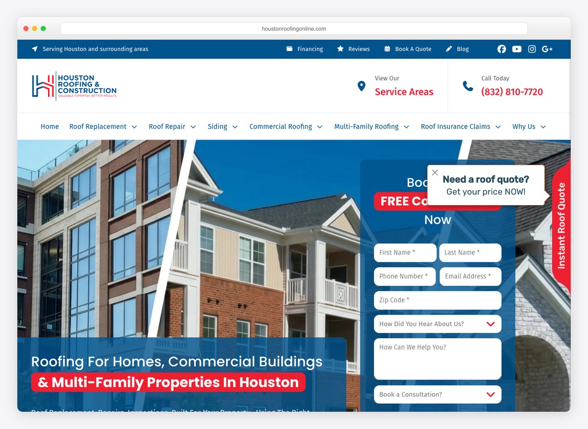 Houston Roofing & Construction roofing company website homepage