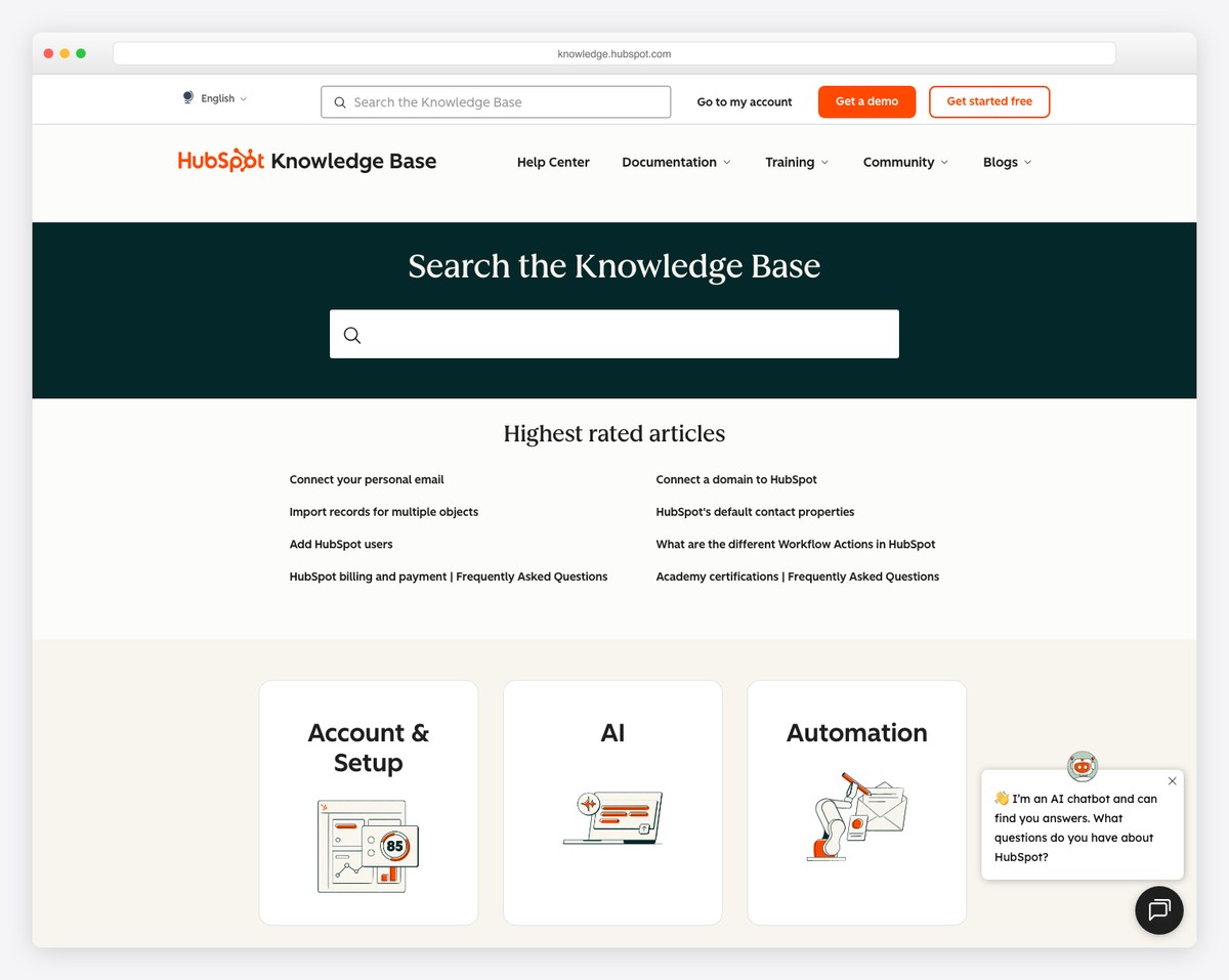 hubspot knowledge base page example
