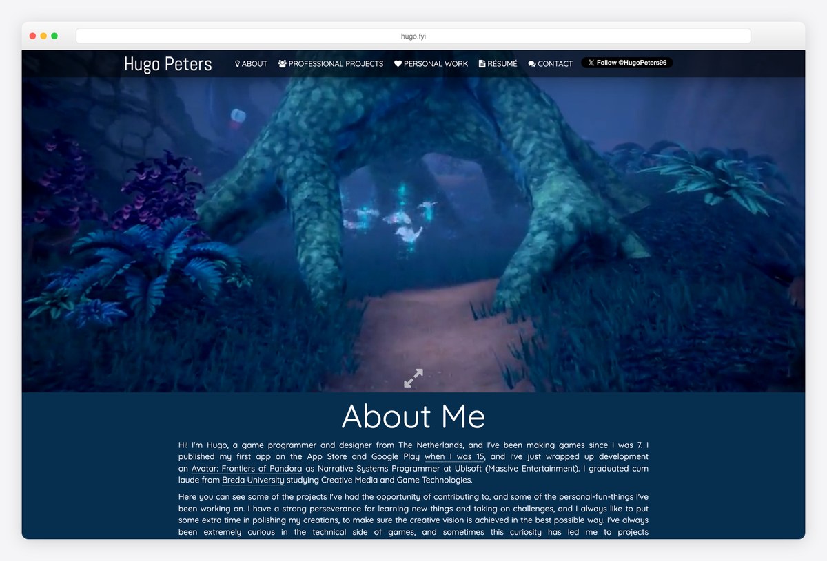 Hugo Peters game programmer portfolio website