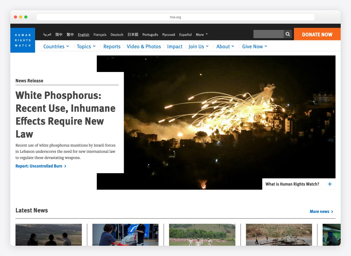 Human Rights Watch charity website homepage