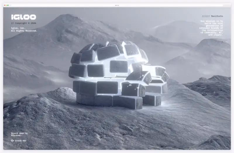 Igloo Inc. website animation: ice blocks lifting off a 3D igloo and settling back