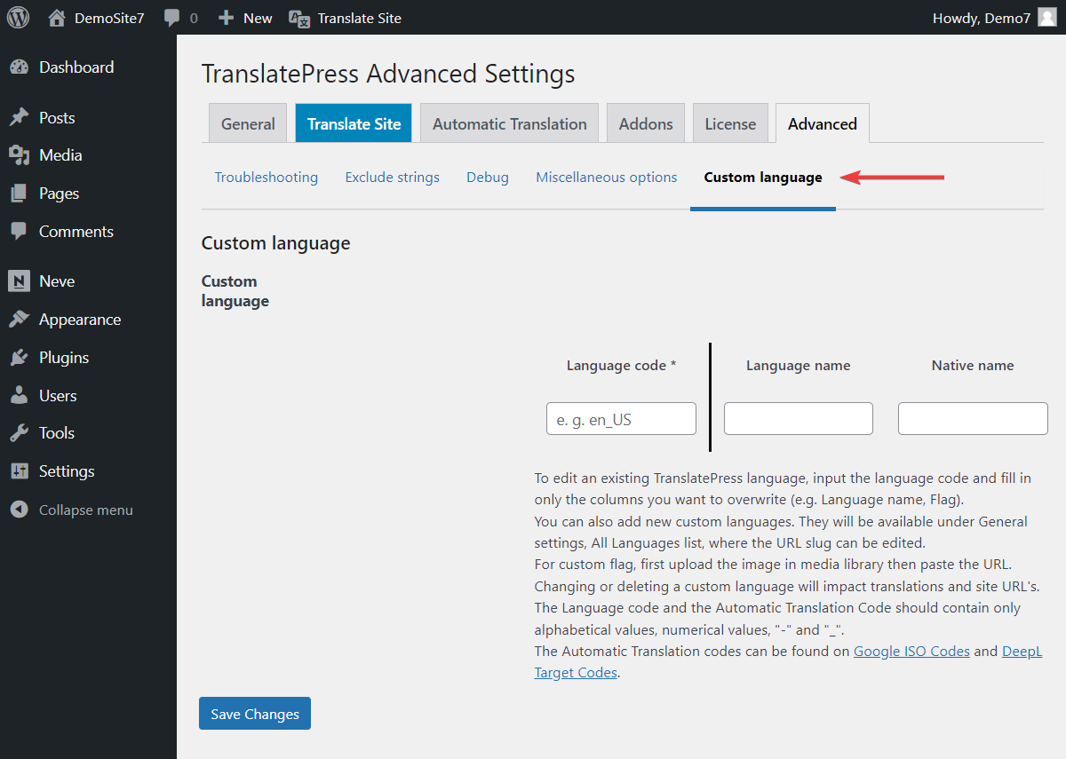 Use advanced settings for TranslatePress