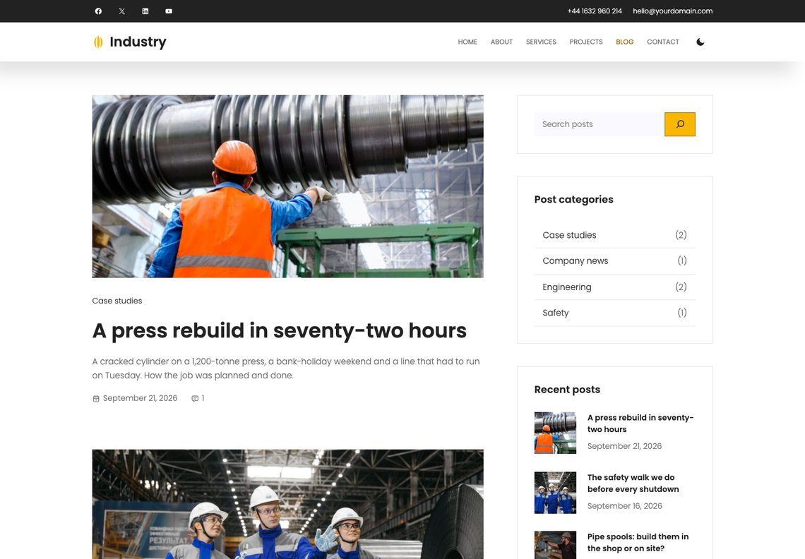 Industry blog: a post with a photograph of an engineer in an orange hard hat beside a machined shaft, beside a sidebar with search, categories and recent posts