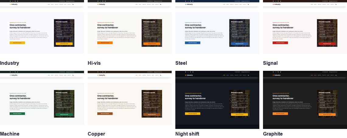 The Industry about section and quote form in eight colour palettes: Industry, Hi-vis, Steel, Signal, Machine, Copper, Night shift and Graphite