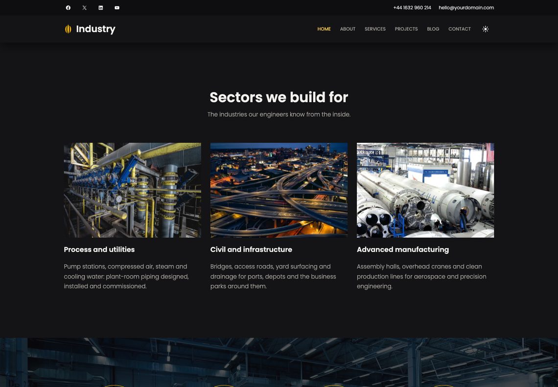 Industry in dark mode: the Sectors we build for heading and three photograph cards on a near-black page, with a sun icon in the header