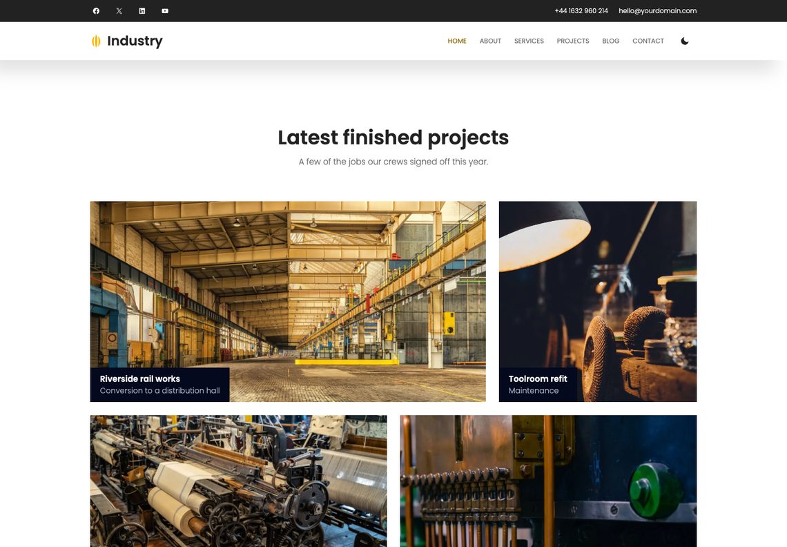 Industry projects section: a mosaic of a sunlit industrial hall, a workshop lamp over a grinder, textile looms and copper hydraulic lines, each with a dark caption tag