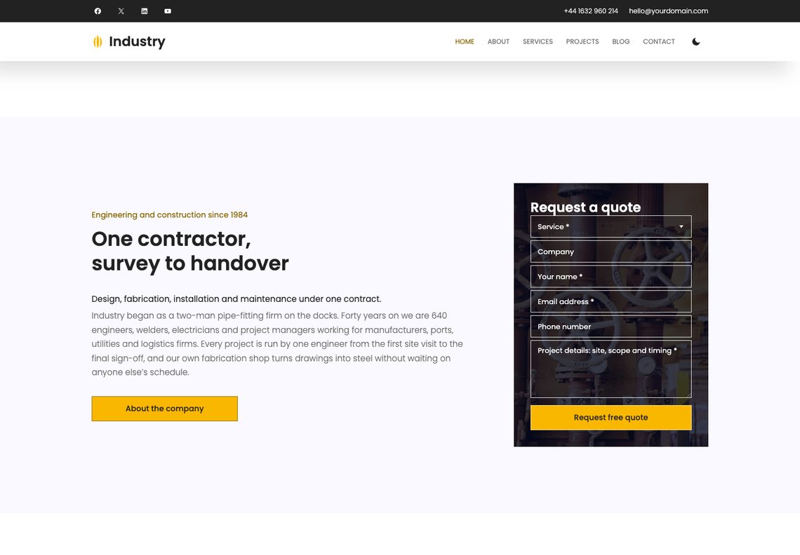 Industry about section: the heading One contractor, survey to handover and a yellow button beside a Request a quote form on a darkened photograph of valves