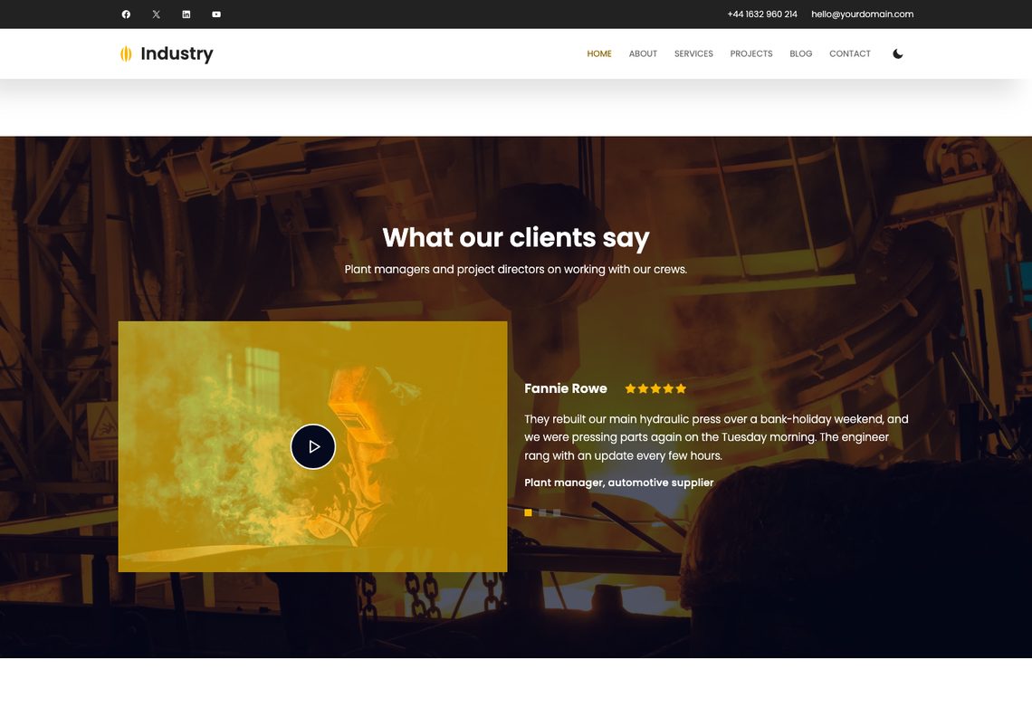 Industry reviews section over a darkened foundry: a yellow-washed video tile with a play button beside a five-star client review and slider dots
