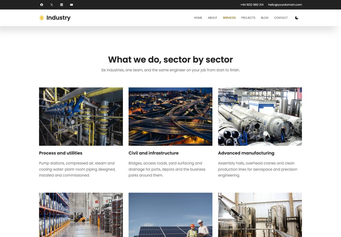 Industry services page: the heading What we do, sector by sector over photograph cards of a pump house, a lit highway interchange and rocket stages in an assembly hall, with three more below
