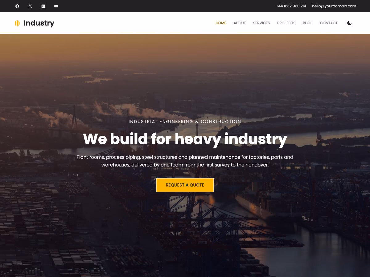 Industry WordPress theme home page: an aerial photograph of a container port at dusk with the headline We build for heavy industry and a yellow Request a quote button