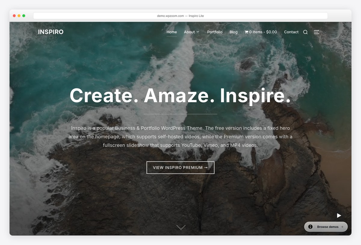 Inspiro Lite free WordPress theme with a fullscreen video hero