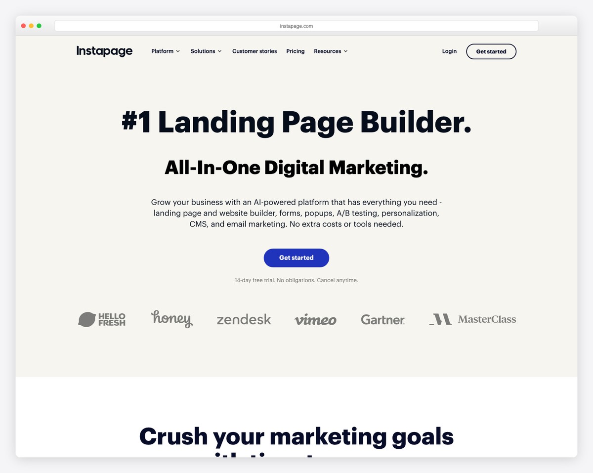 Instapage landing page builder with A/B testing dashboard and heatmap analytics