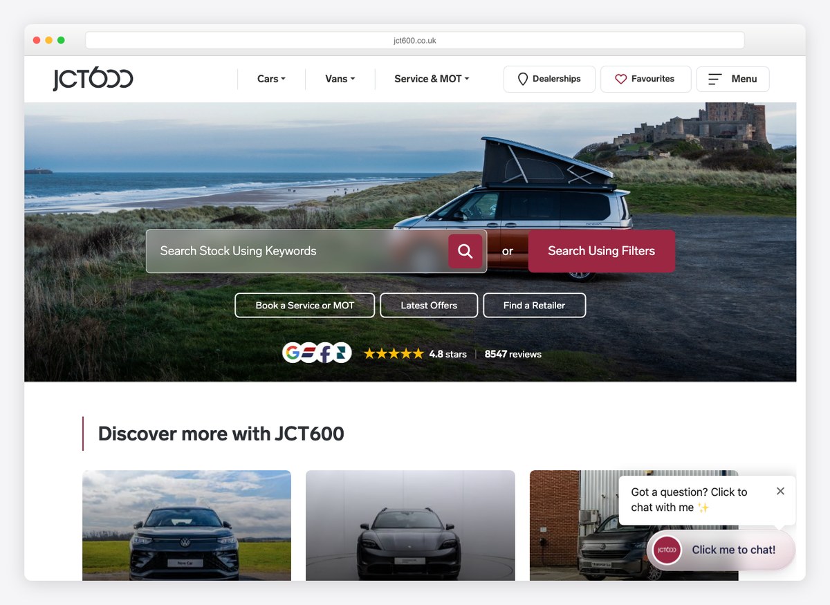 JCT600 car dealer website homepage