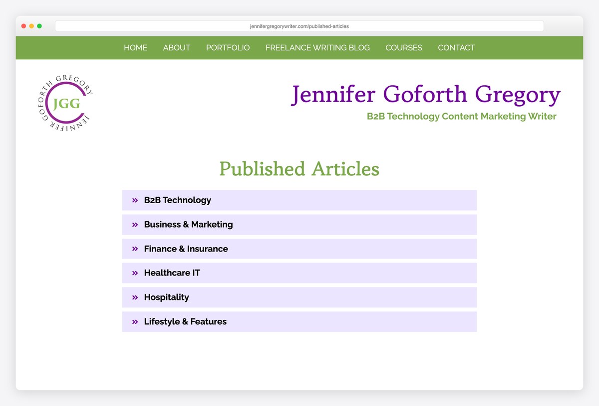 Jennifer Goforth Gregory's Published Articles page sorted by industry