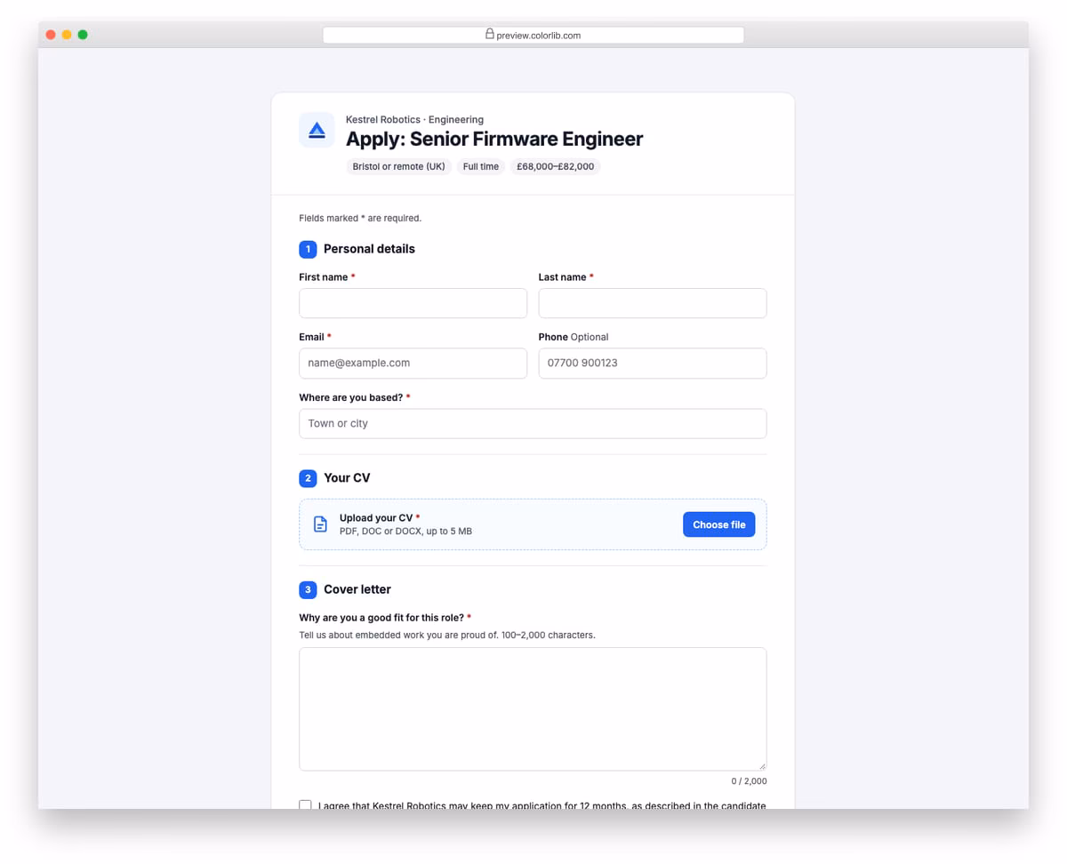 Job Application Form V01: classic job application with personal details, cv upload and cover letter