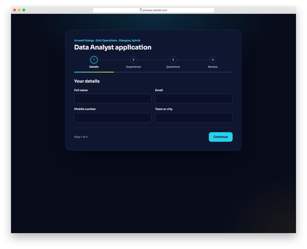 Job Application Form V03: multi-step application: details, experience, questions, review, with progress