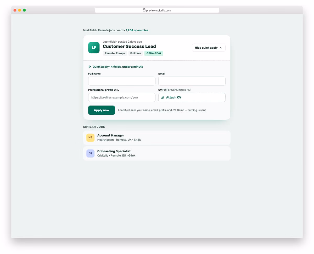Job Application Form V06: quick apply card for a job board: name, email, profile url and cv