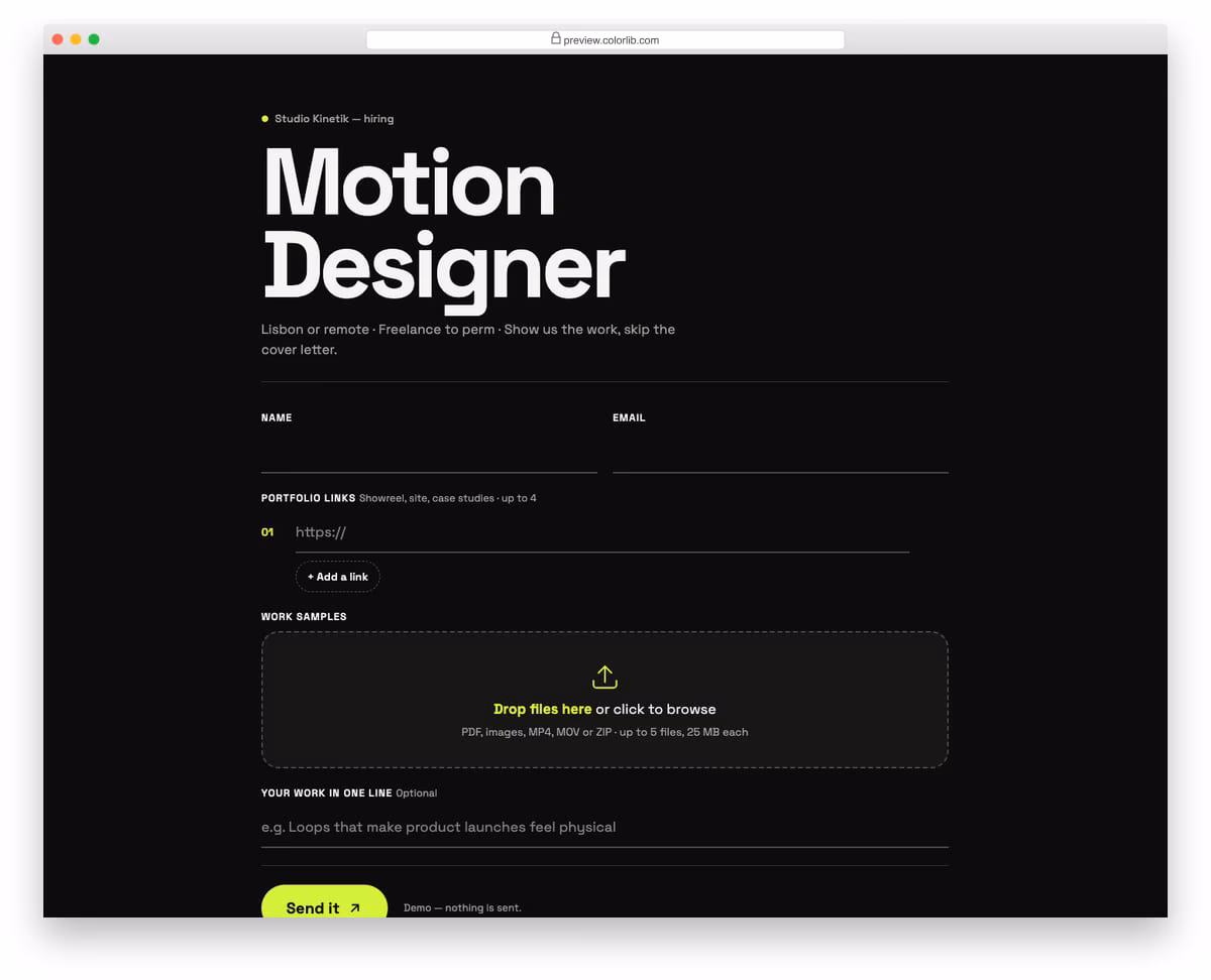 Job Application Form V07: creative role application with a portfolio links list and a drag-and-drop file zone