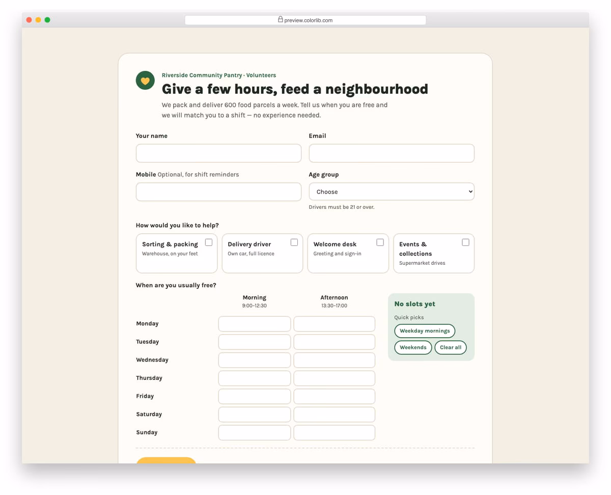 Job Application Form V08: volunteer application with a days by morning/afternoon availability grid