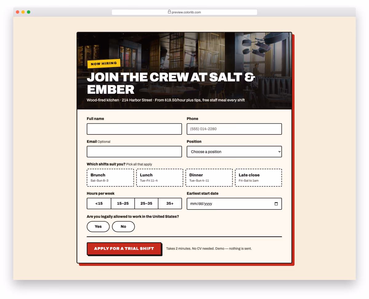 Job Application Form V09: restaurant hourly job application with shift preferences and a right-to-work question